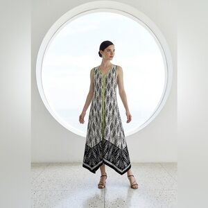 Jones New York Ikat Print High-Low Sleeveless Dress, Lime Green Trim, Size M